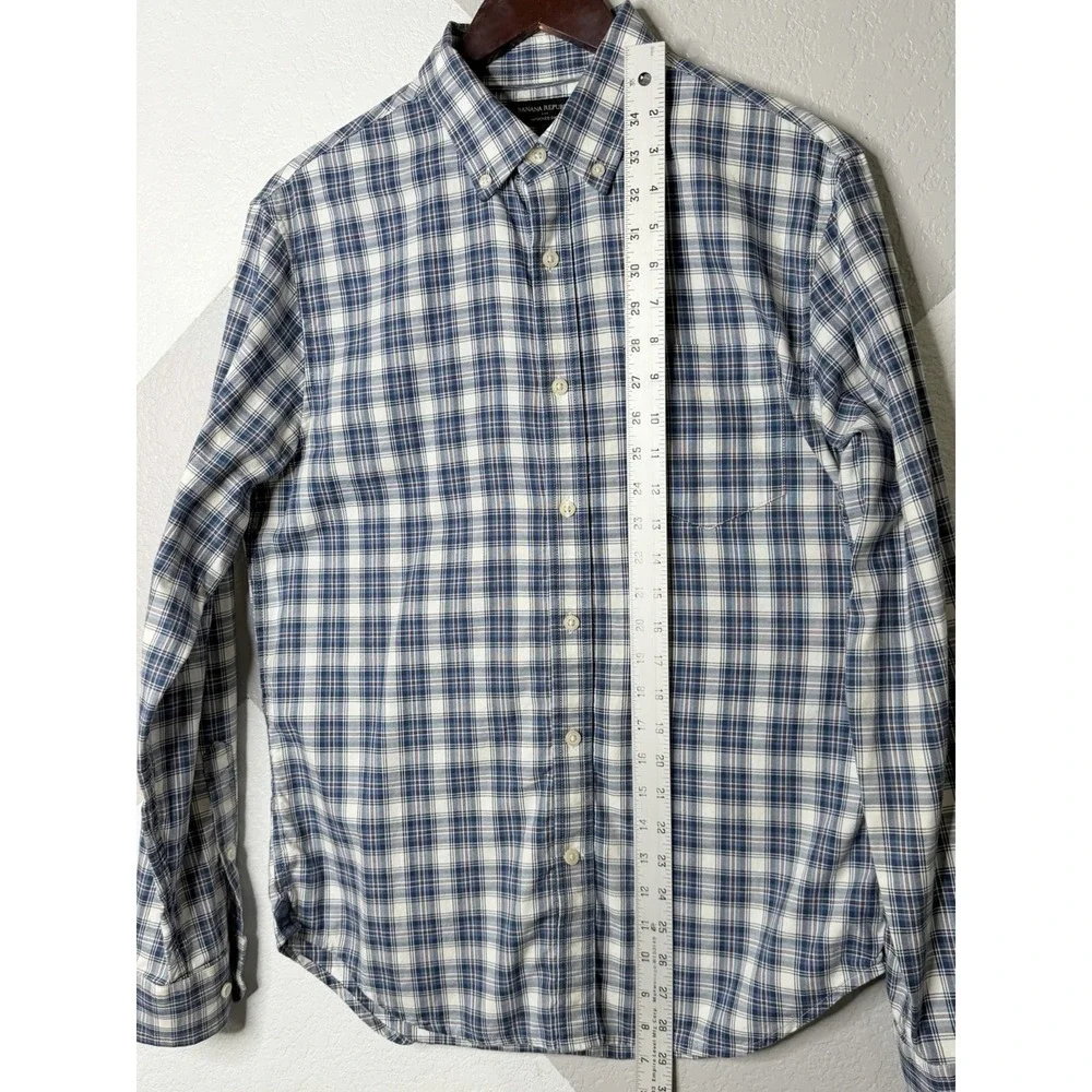 Banana Republic Mens Medium Untucked Shirt Blue Plaid Button Front 100% Cotton